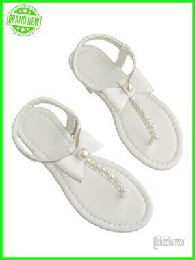 Women's Pearl Beaded T Strap Thong Sandals Elastic Ankle Strap Flat Sandals